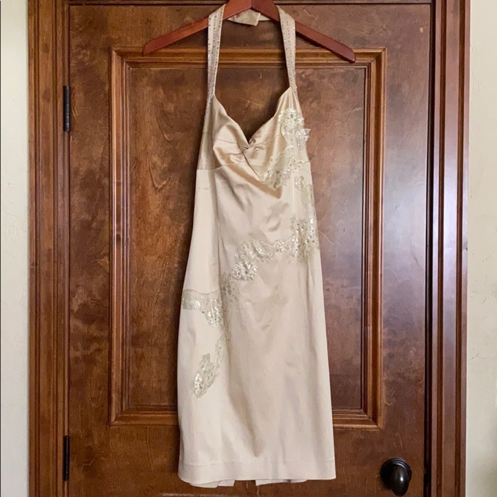 Adriana papelle satin lace midi dress nude cream